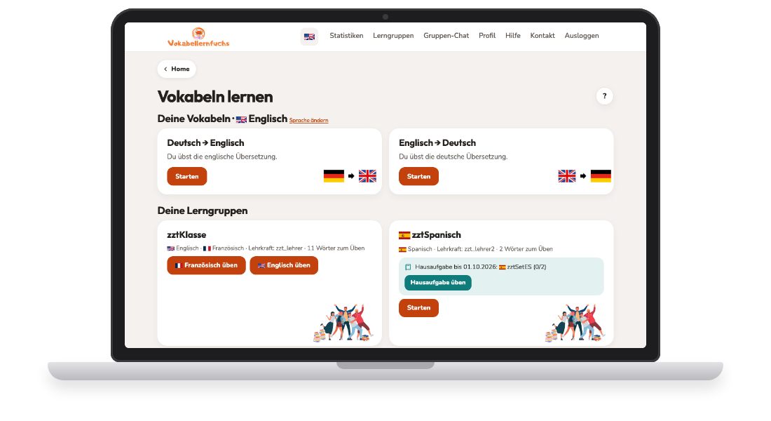 Bildschirmfoto: Auswahl der Übungen, zum Beispiel Deutsch nach Englisch, Gruppenvokabeln und Vokabel-Bingo