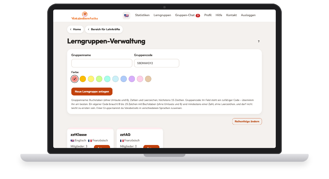 Bildschirmfoto: Lerngruppen anlegen und verwalten