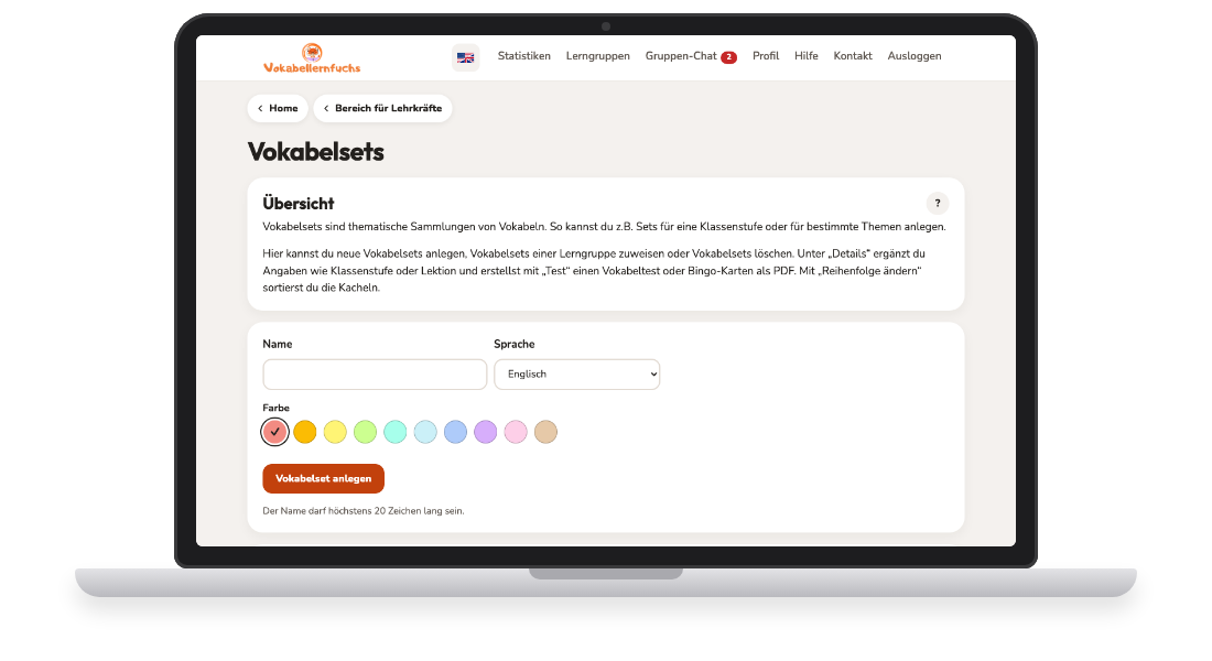 Bildschirmfoto: Vokabelsets anlegen und verwalten