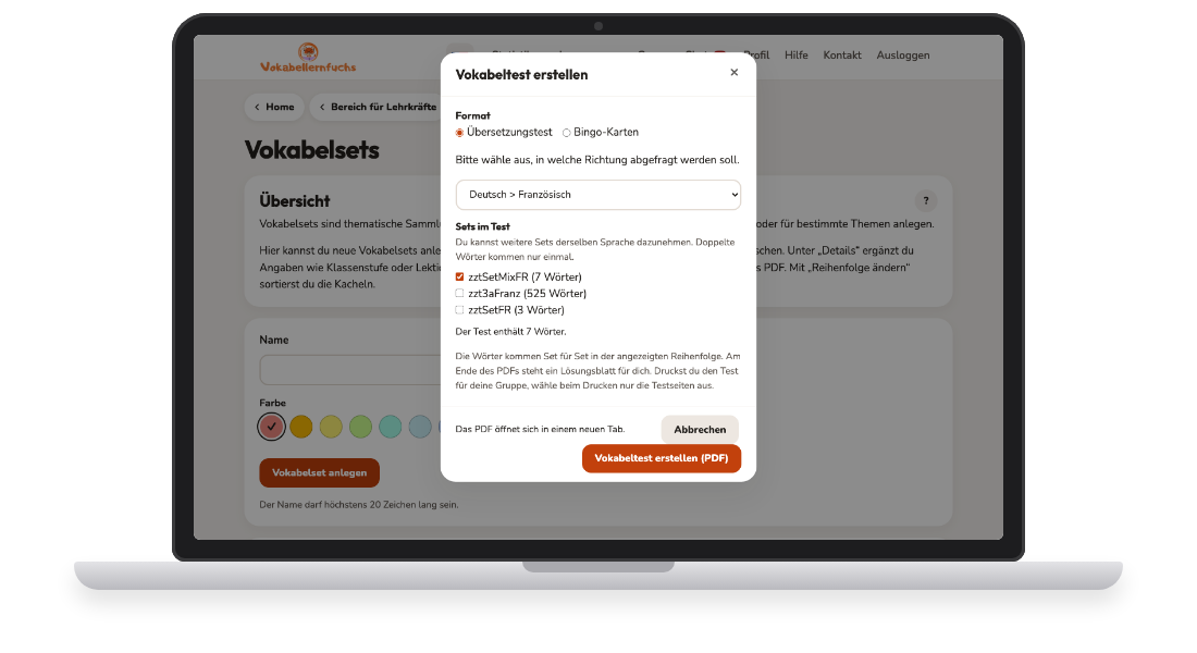 Bildschirmfoto: Einen Vokabeltest exportieren und die Richtung wählen